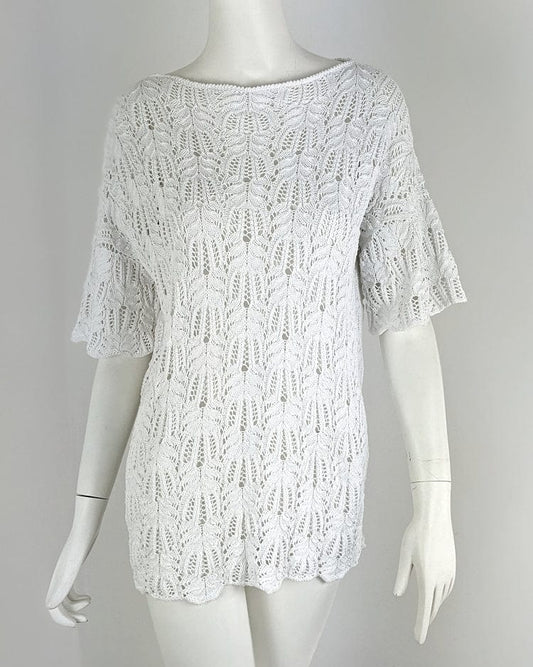 Handknitted white lacy top in 100% cotton from Beverly Smart's artisanal designer fashion collection
