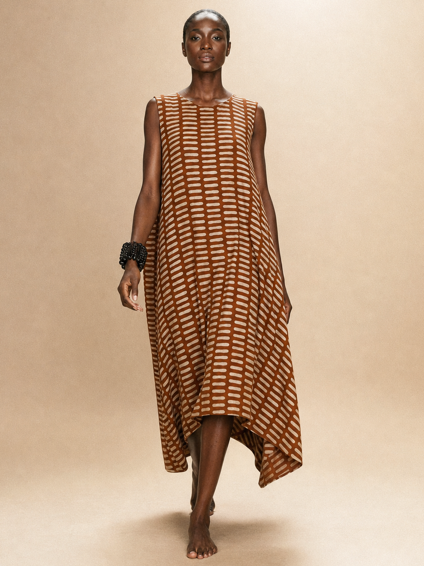 Tall black model wearing sleeveless ndomo african contemporary mudcloth print dress