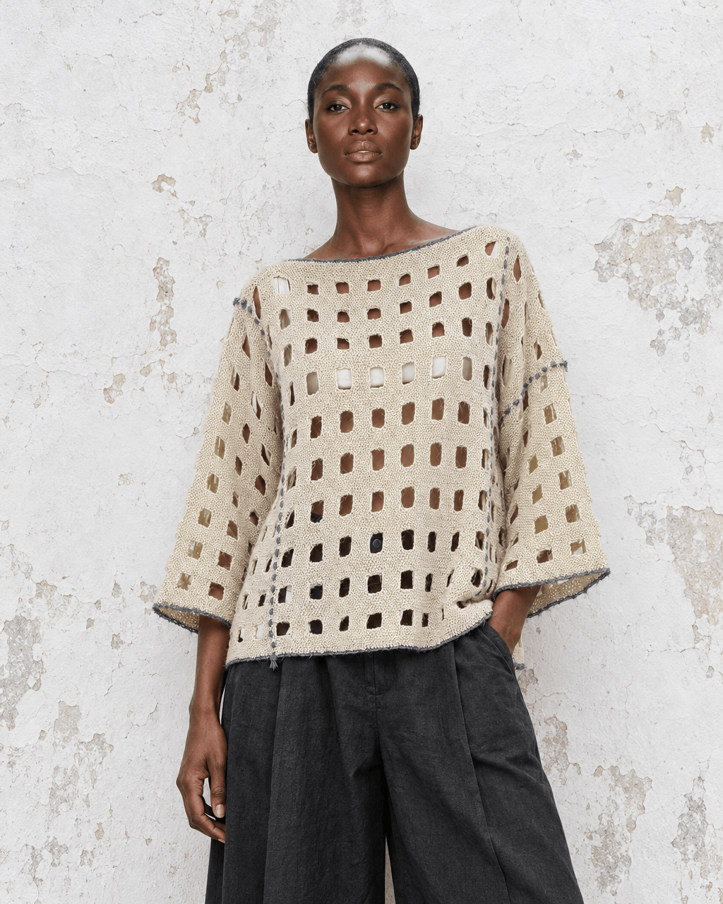 BEVERLY SMART EI tricots Pull grille, crème surpiqué gris, n° 6