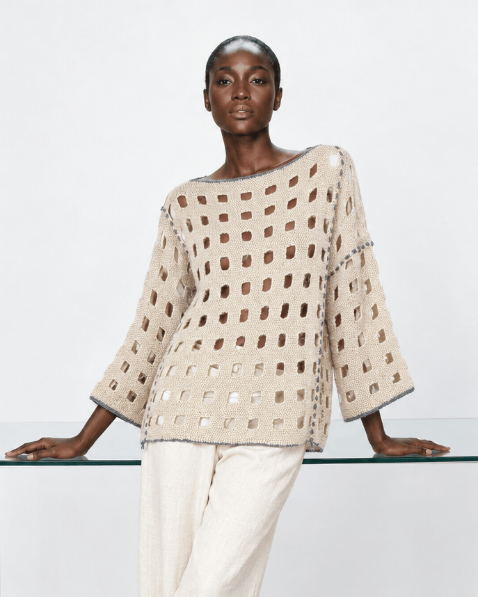 BEVERLY SMART EI tricots Pull grille, crème surpiqué gris, n° 6