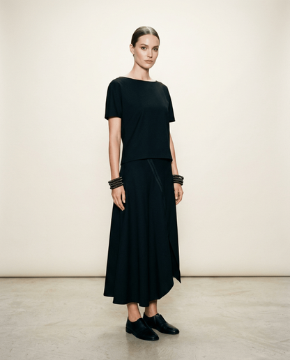 Handcrafted bias long skirt with diagonal chunky zip closure from Beverly Smart's artisanal designer fashion collection