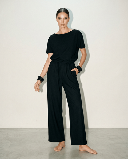 Handcrafted long trousers with elasticated waist from Beverly Smart's artisanal designer fashion collection