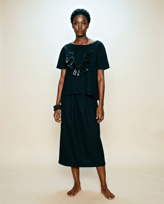 Handcrafted long straight skirt with back split and elasticated waist from Beverly Smart's artisanal designer fashion collection