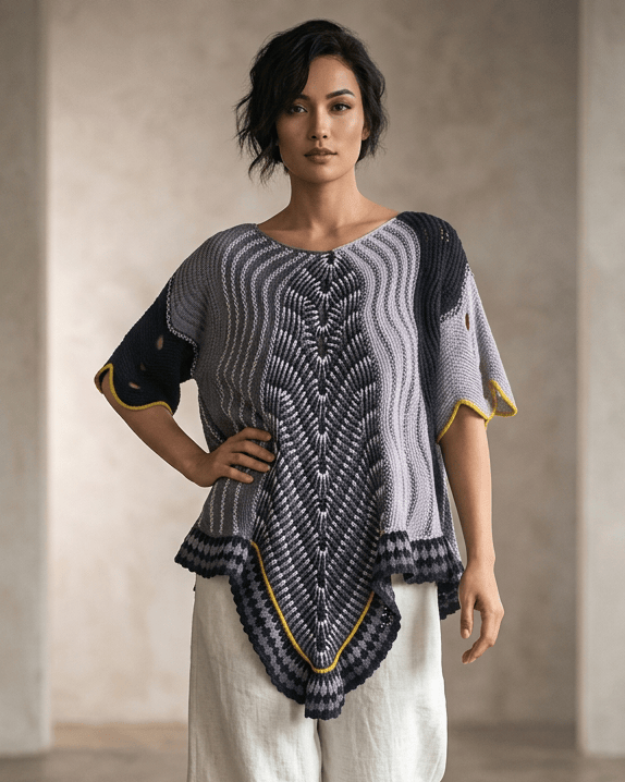 BEVERLY SMART tricots Pull asymétrique, noir et gris avec bordure jaune, n° 3