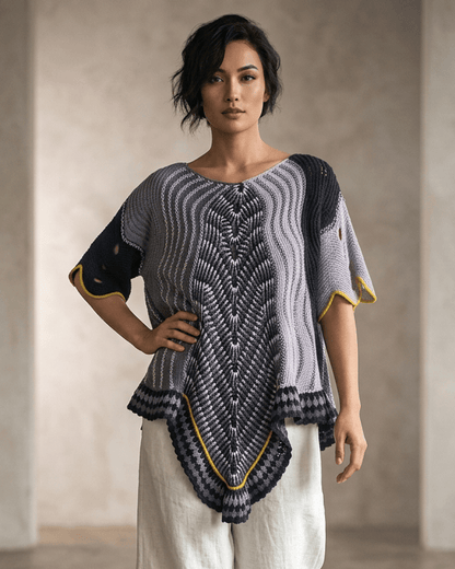 BEVERLY SMART tricots Pull asymétrique, noir et gris avec bordure jaune, n° 3