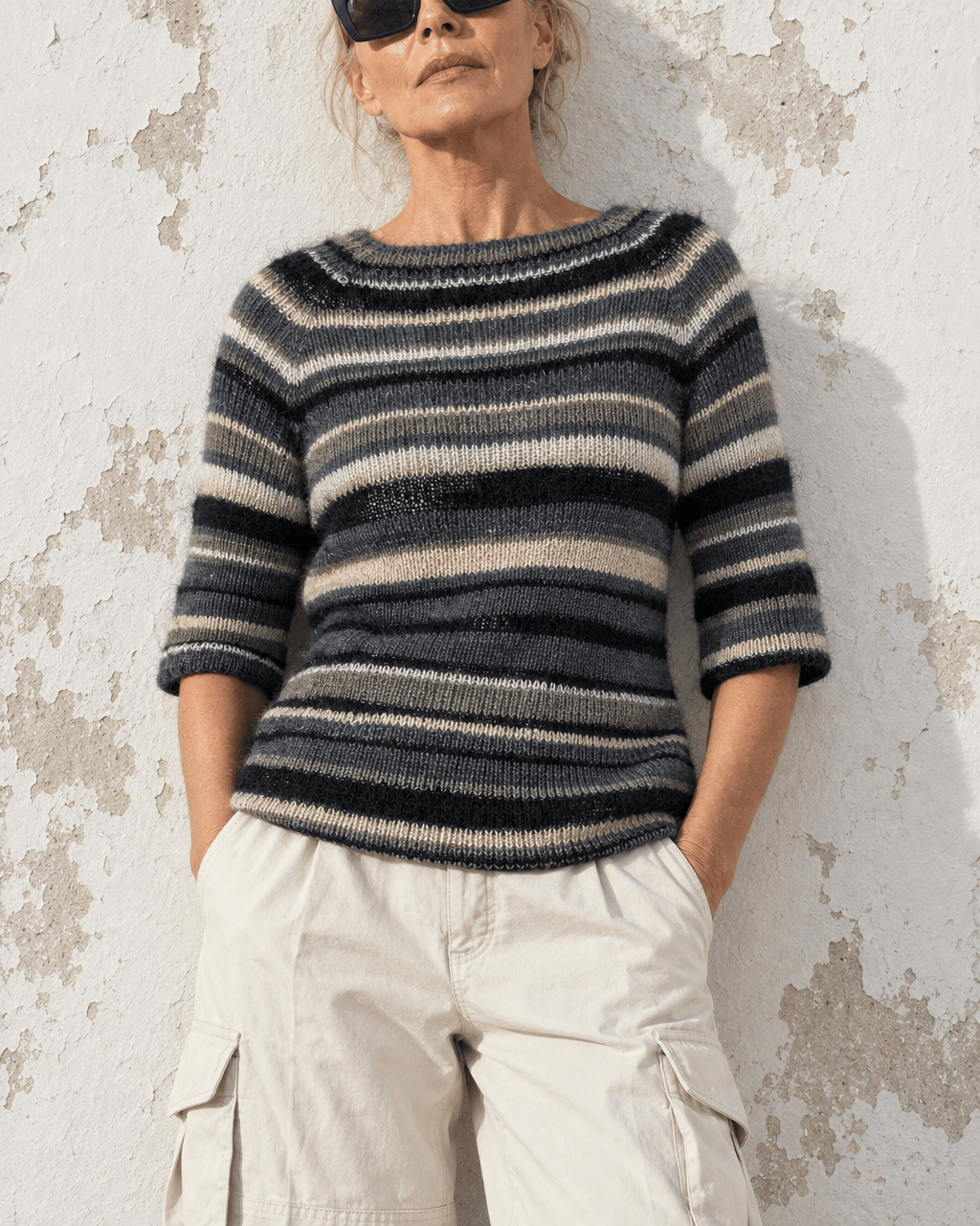 BEVERLY SMART tricots Pull côtelé rayé, noir et crème, n° 5