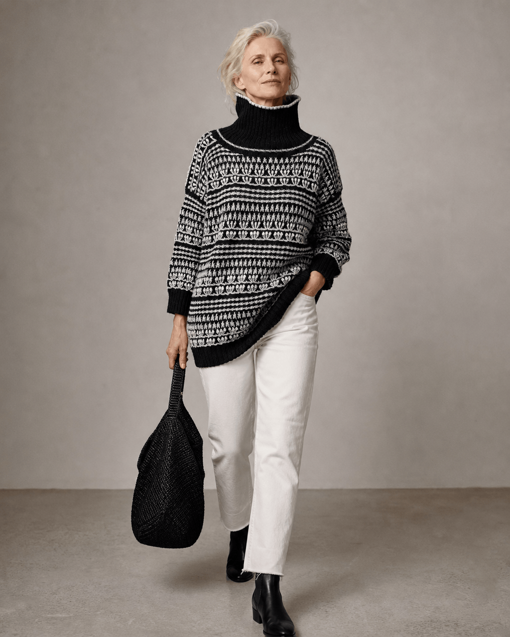 BEVERLY SMART tricots Pull jacquard, noir et crème, n° 9