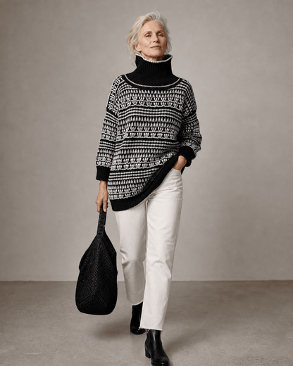 BEVERLY SMART tricots Pull jacquard, noir et crème, n° 9