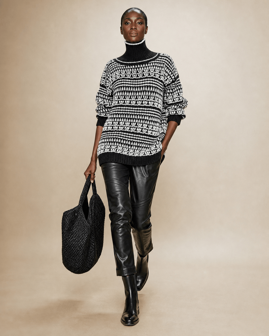 BEVERLY SMART tricots Pull jacquard, noir et crème, n° 9
