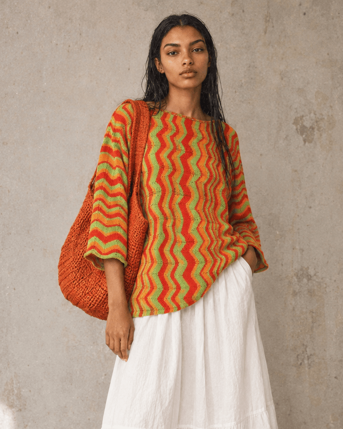 BEVERLY SMART tricots Pull zigzag, orange rouge et vert, n° 4