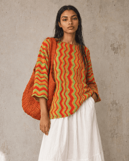 BEVERLY SMART tricots Pull zigzag, orange rouge et vert, n° 4