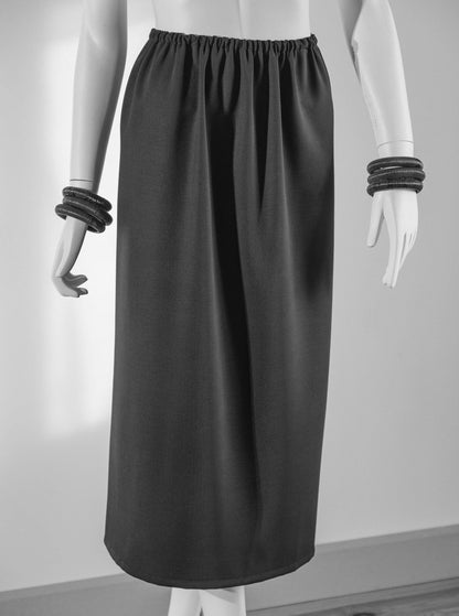 Handcrafted long straight skirt with back split and elasticated waist from Beverly Smart's artisanal designer fashion collection