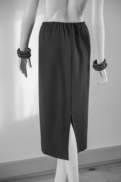 Handcrafted long straight skirt with back split and elasticated waist from Beverly Smart's artisanal designer fashion collection