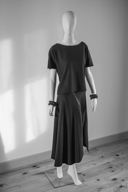 Handcrafted bias long skirt with diagonal chunky zip closure from Beverly Smart's artisanal designer fashion collection