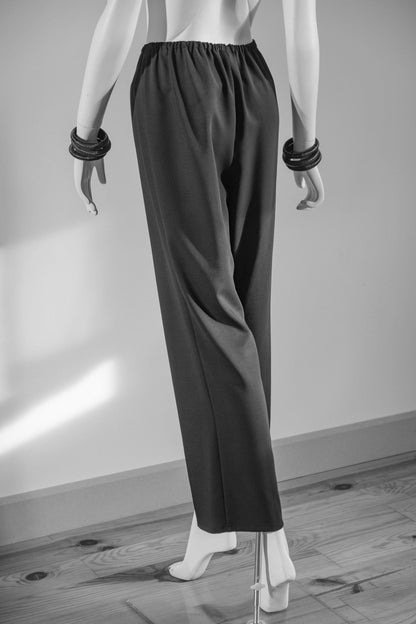 Handcrafted long trousers with elasticated waist from Beverly Smart's artisanal designer fashion collection