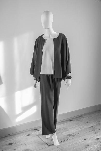 Handcrafted long trousers with elasticated waist from Beverly Smart's artisanal designer fashion collection