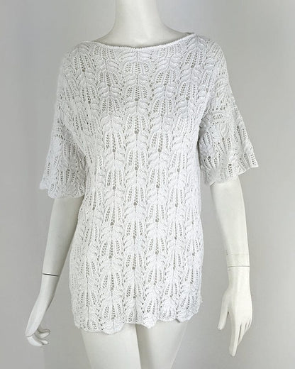 Handknitted white lacy top in 100% cotton from Beverly Smart's artisanal designer fashion collection